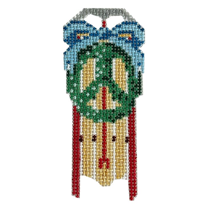 Peace Sled with Blue Bow Painted Canvas Anne Fisher Needlepoint LLC 
