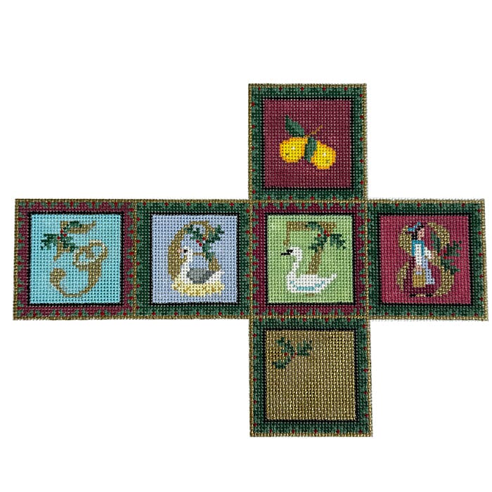 Pear Tree Days of Christmas 5, 6, 7, 8, Cube Painted Canvas Susan Roberts Needlepoint Designs Inc. 