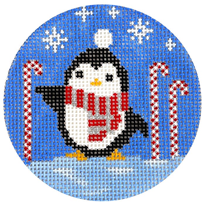 Penguin w/ Candy Canes Round Painted Canvas CBK Needlepoint Collections 
