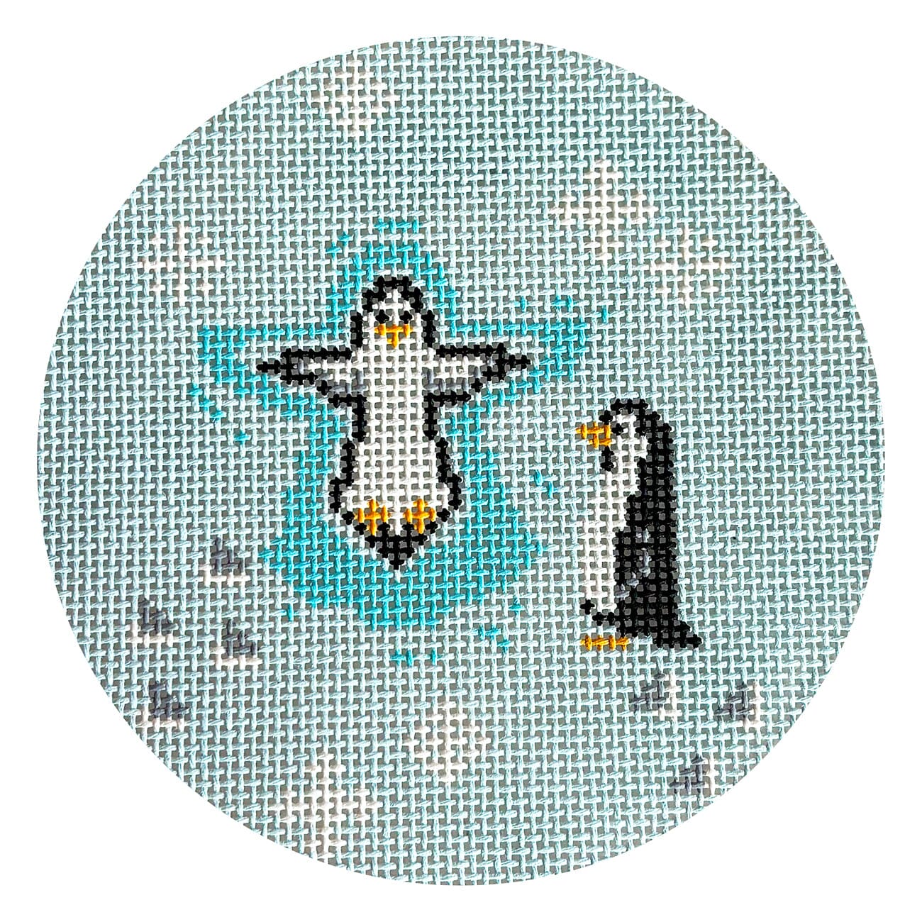 Penguins in the Snow Round Painted Canvas The Gingham Stitchery  - 1