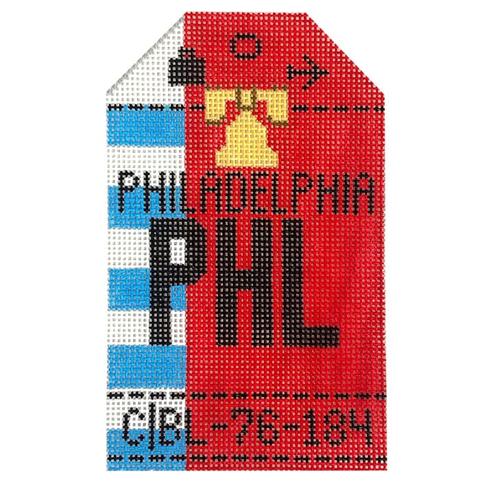Philadelphia PHL Retro Travel Tag Painted Canvas Hedgehog Needlepoint 
