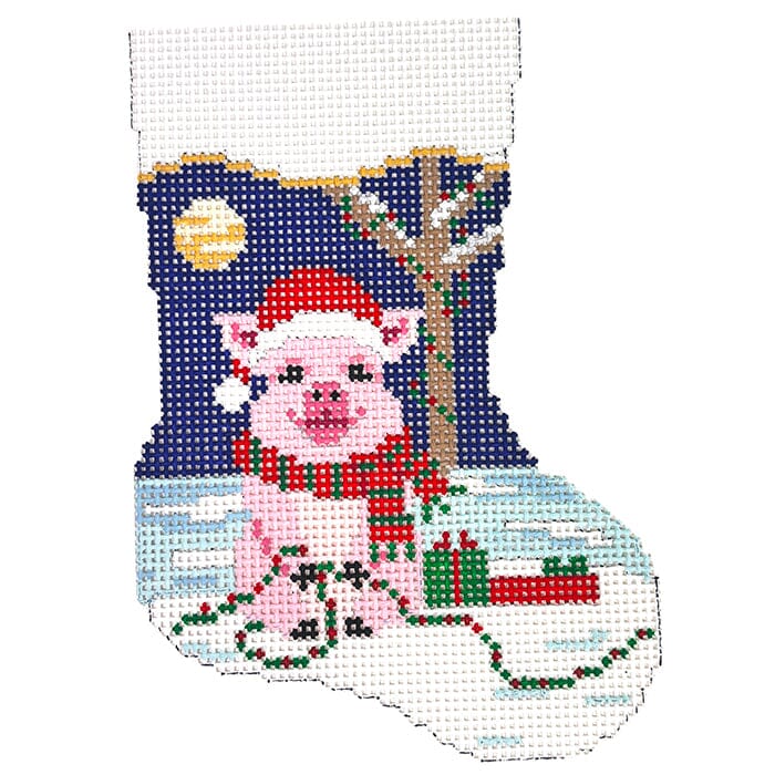 Pig in Lights   Mini Stocking Painted Canvas Susan Roberts Needlepoint Designs Inc.  - 1