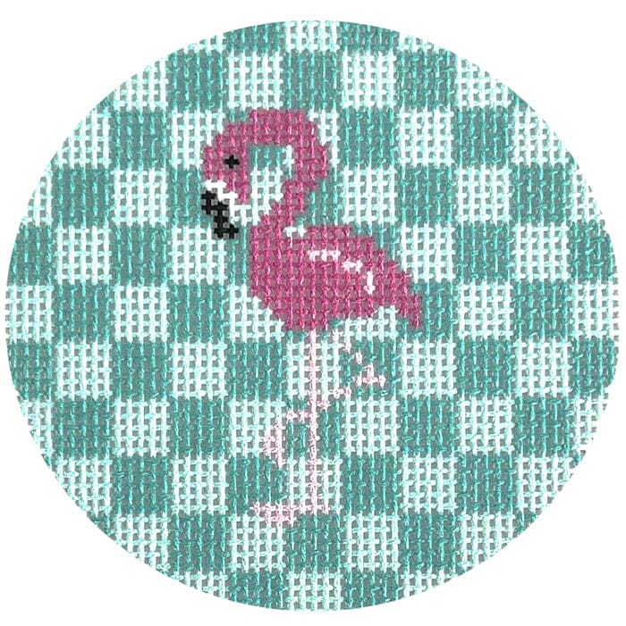 Pink Flamingo on Aqua 3" Round Printed Canvas Two Sisters Needlepoint 
