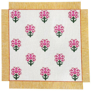 Pink Floral Block Print Square Painted Canvas Anne Fisher Needlepoint LLC 
