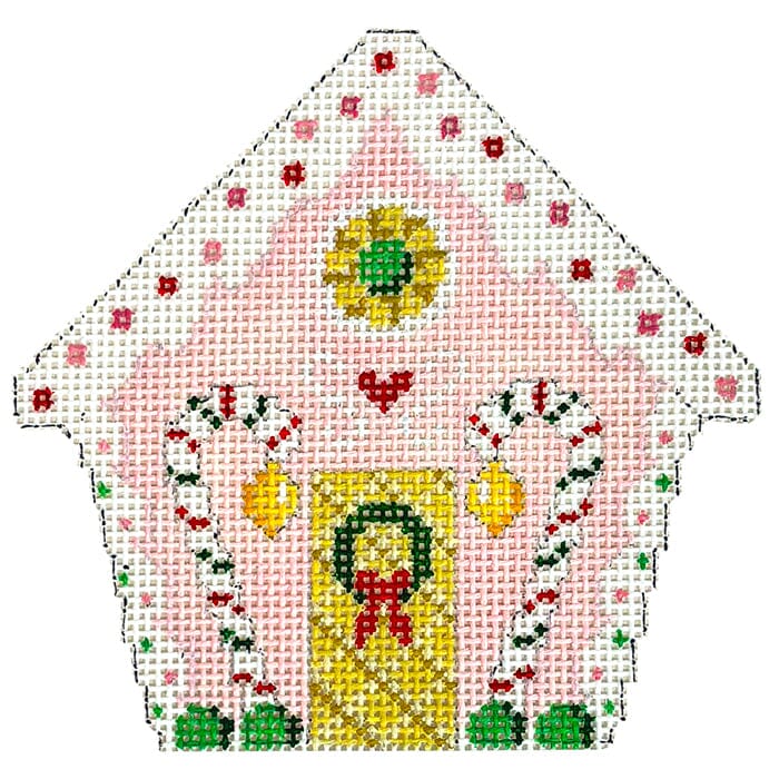 Pink Gingerbread House, Ornament #18 Painted Canvas Susan Roberts Needlepoint Designs Inc. 
