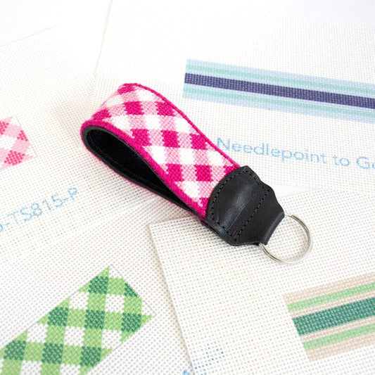 Pink Gingham Key Fob Printed Canvas Two Sisters Needlepoint 
