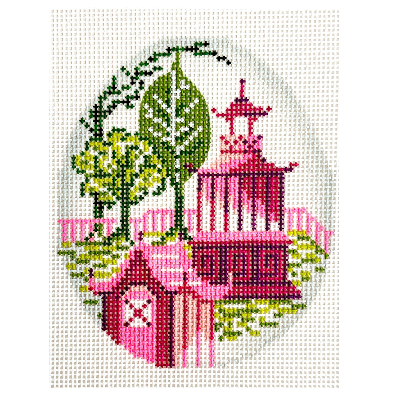 Pink & Green Pagoda Egg Painted Canvas The Colonial Needle Company  - 1