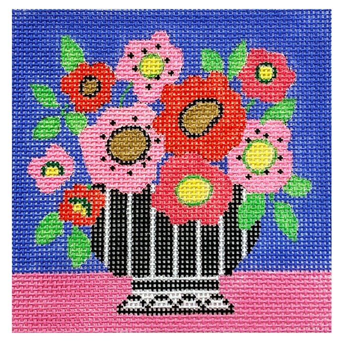 Pink Mod Flowers Coaster Painted Canvas Vallerie Needlepoint Gallery  - 1