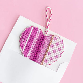 Pink Ombre/Gingham Medium Heart with Stitch Guide Printed Canvas Two Sisters Needlepoint 
