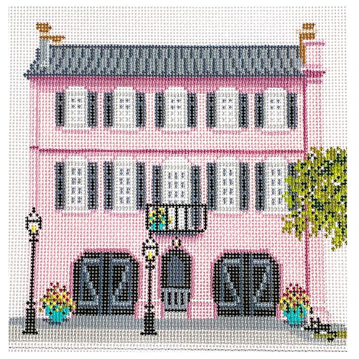 Pink Row House in Charleston on 13 Painted Canvas Needle Crossings 