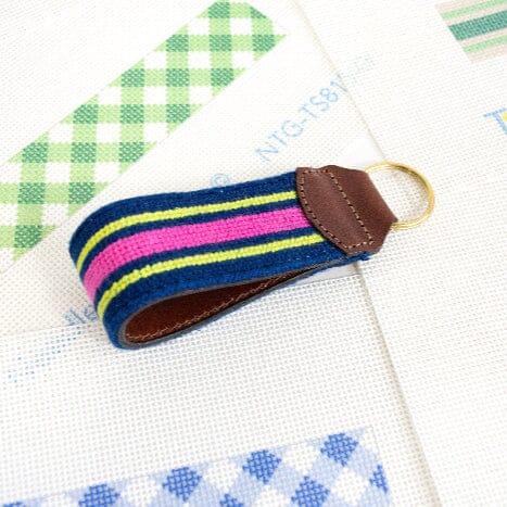 Pink Stripe Key Fob Printed Canvas Two Sisters Needlepoint 