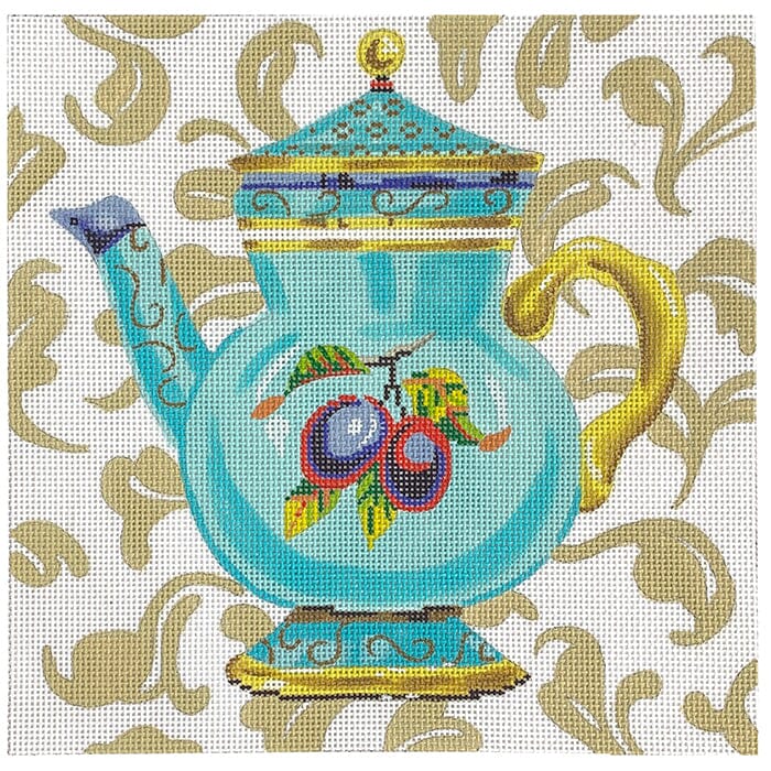 Plums on Aqua Teapot Painted Canvas Colors of Praise 