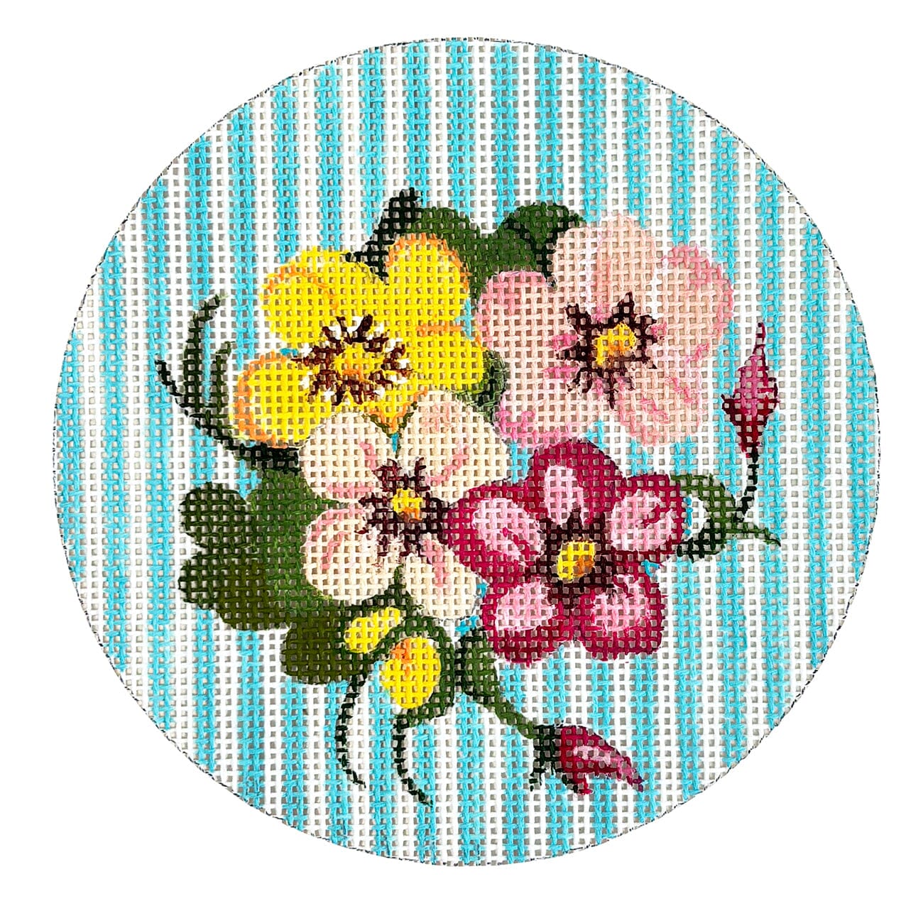 Pocket Full of Posies   No. 1 on Blue Round Painted Canvas The Plum Stitchery  - 1