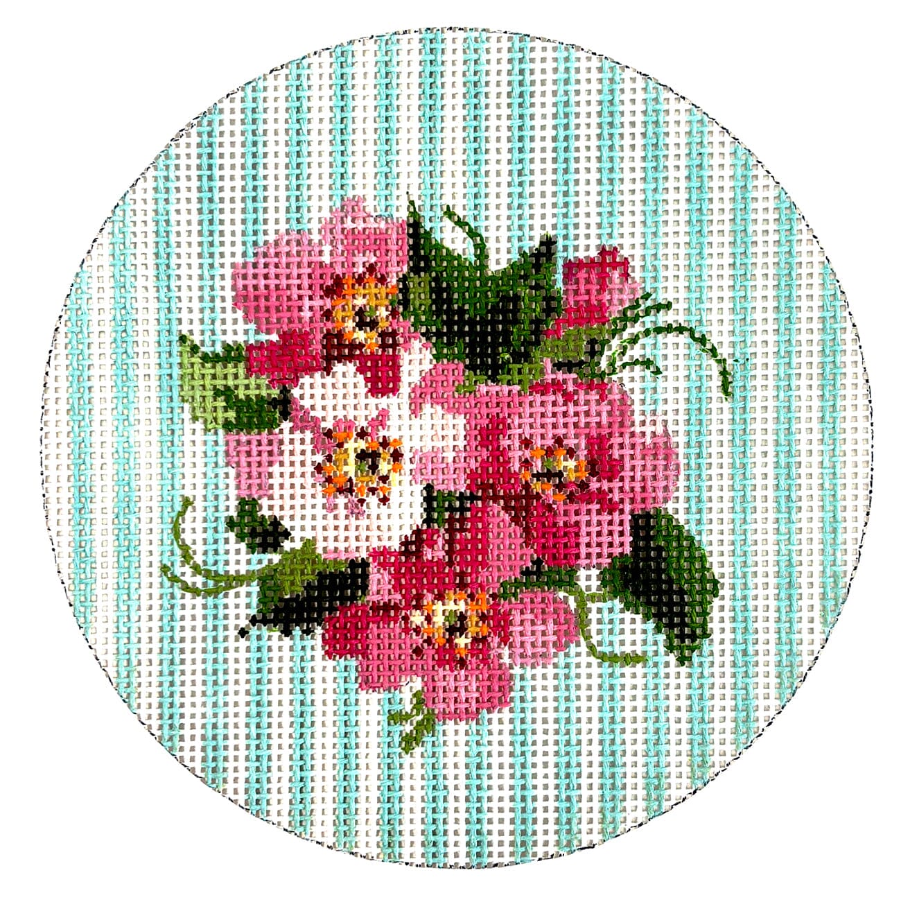 Pocket Full of Posies   No. 5 on Aqua Round Painted Canvas The Plum Stitchery  - 1