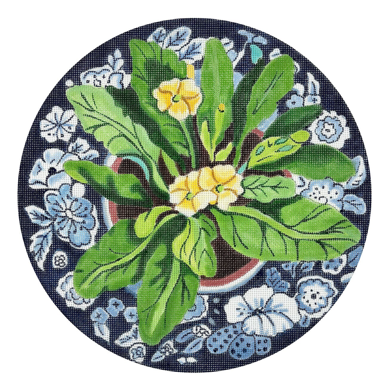 Primrose on Blue Plate 11" Round Painted Canvas Susan Roberts Needlepoint Designs Inc.  - 1