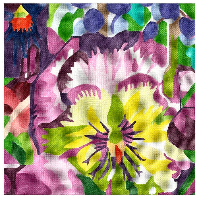 Purple & Green Pansy 14" Square Painted Canvas Jean Smith  - 1