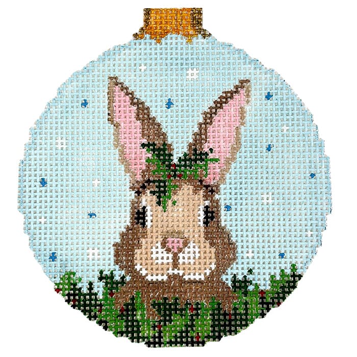 Rabbit In Holly 3.25" Round Painted Canvas Susan Roberts Needlepoint Designs Inc. 