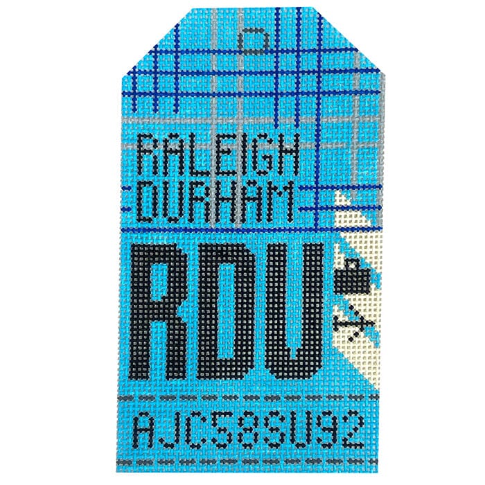 Raleigh Durham RDU Retro Travel Tag Painted Canvas Hedgehog Needlepoint 
