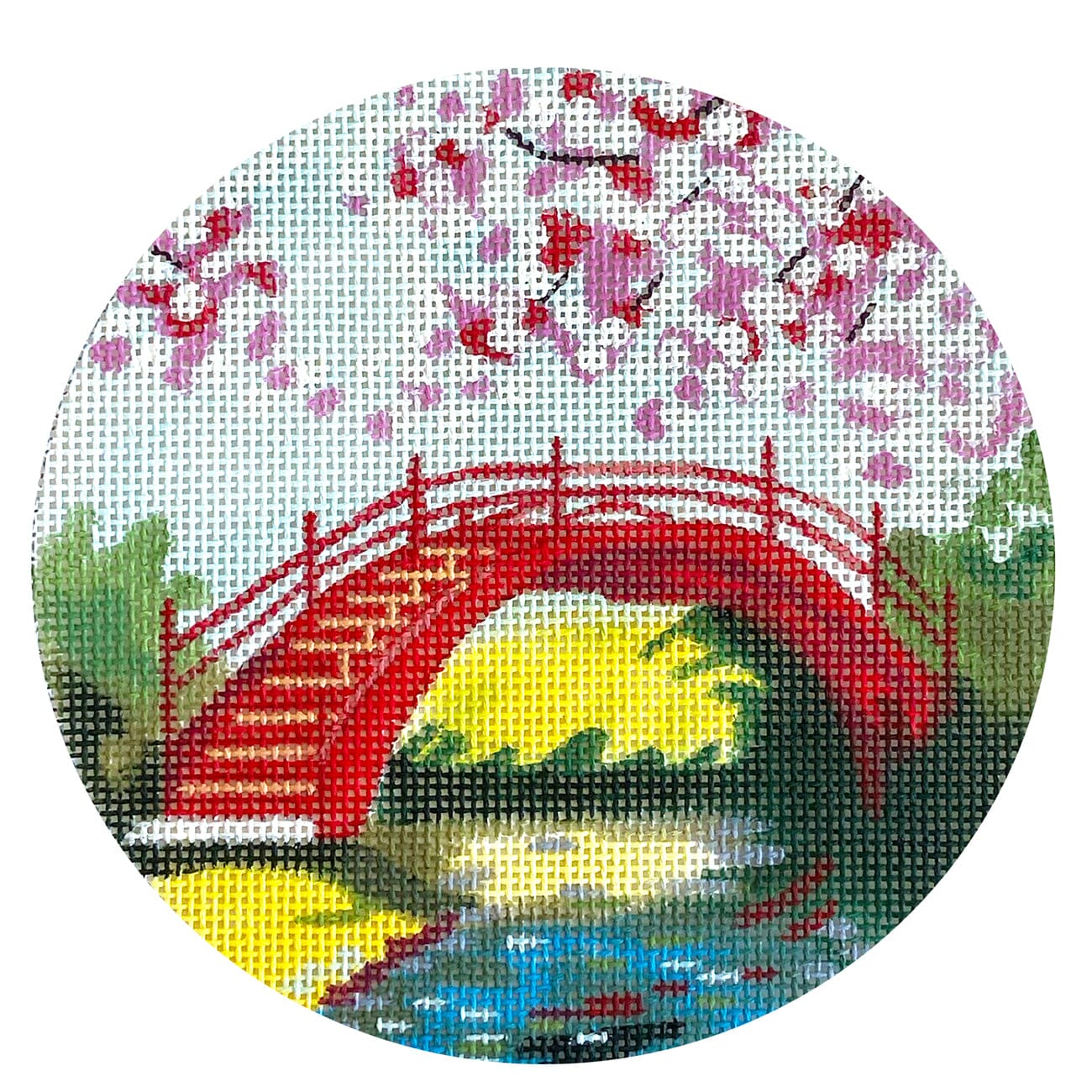 Red Bridge Blossoms 5" Round Painted Canvas Colors of Praise 
