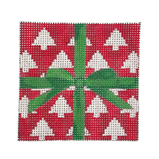 Red Gift with Christmas Trees and Green Bow Painted Canvas Alice Peterson Company 
