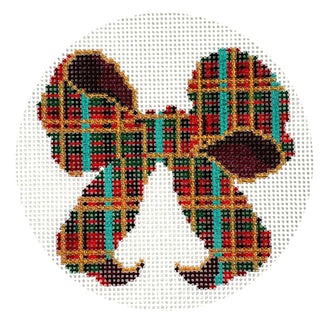 Red & Green Plaid Bow 4" Round Painted Canvas All About Stitching/The Collection Design 
