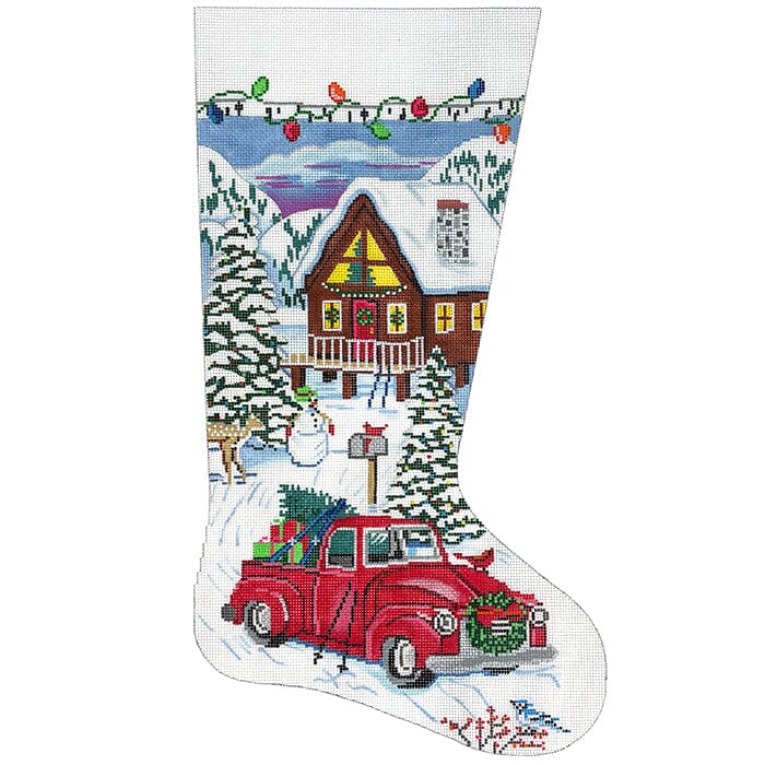 Red Truck and Ski Cabin Stocking Painted Canvas Alice Peterson Company 