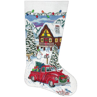 Red Truck and Ski Cabin Stocking Painted Canvas Alice Peterson Company 
