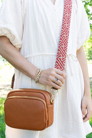 Red/Camel Fretwork Crossbody Strap Printed Canvas Two Sisters Needlepoint 
