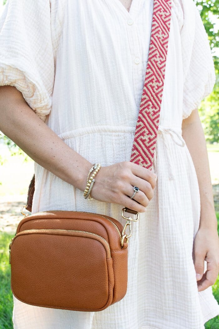 Red/Camel Fretwork Crossbody Strap Printed Canvas Two Sisters Needlepoint 
