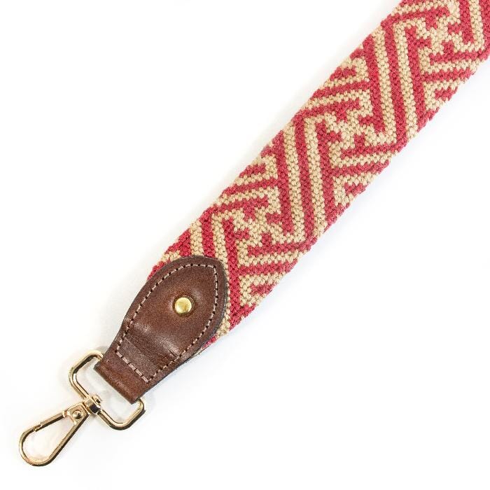 Red/Camel Fretwork Crossbody Strap Printed Canvas Two Sisters Needlepoint 
