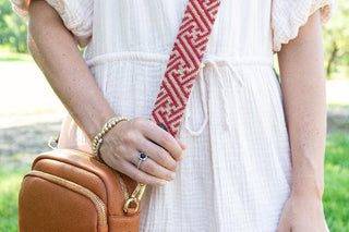 Red/Camel Fretwork Crossbody Strap Printed Canvas Two Sisters Needlepoint 

