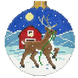 Reindeer and Barn   3.25" Round Painted Canvas Susan Roberts Needlepoint Designs Inc. 
