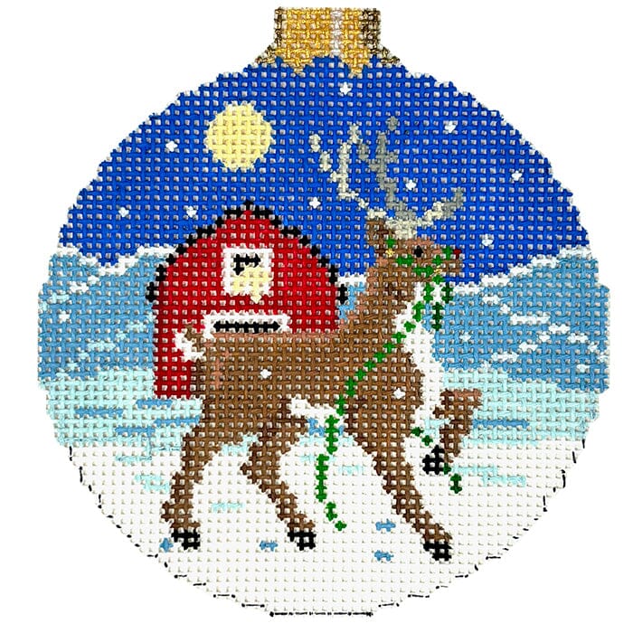 Reindeer and Barn   3.25" Round Painted Canvas Susan Roberts Needlepoint Designs Inc. 
