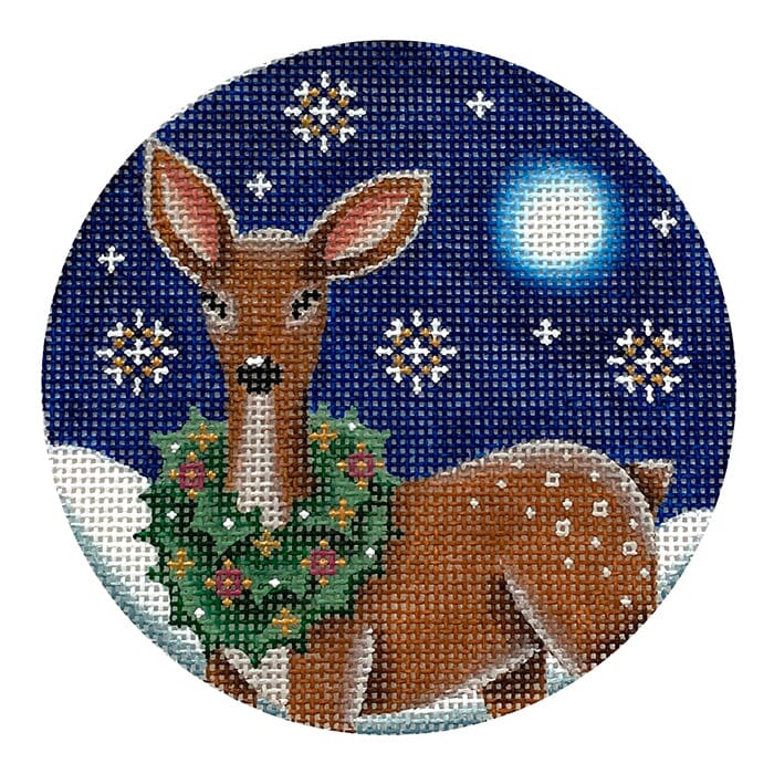 Reindeer Wreath Round Painted Canvas Rebecca Wood Designs  - 1