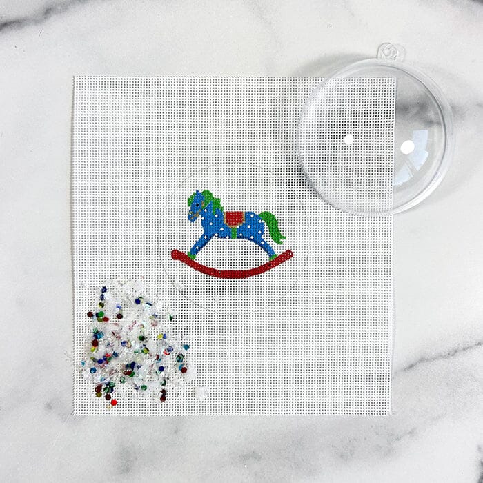 Rocking Horse Ornament with Clear Dome & Confetti Painted Canvas Kate Dickerson Needlepoint Collections 
