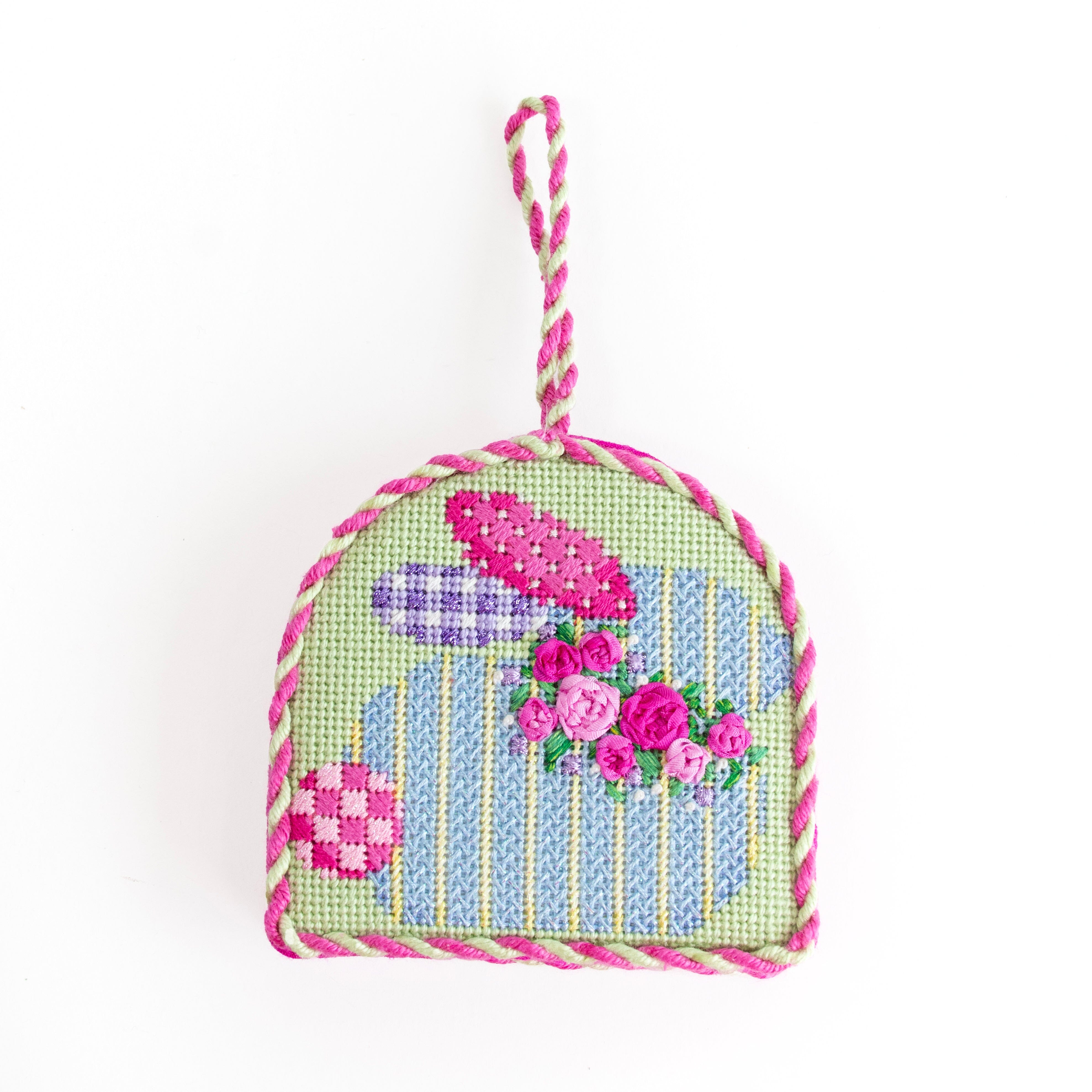 Rose Bud Garland Bunny with Stitch Suggestions Printed Canvas Two Sisters Needlepoint 
