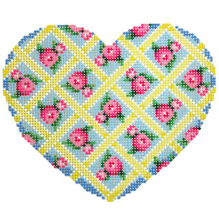 Rose Lattice Large Heart Printed Canvas Two Sisters Needlepoint 
