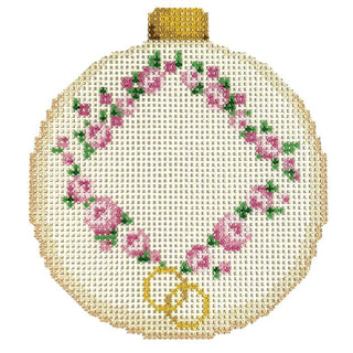 Rosebud Wreath Monogram Ornament Printed Canvas Two Sisters Needlepoint 
