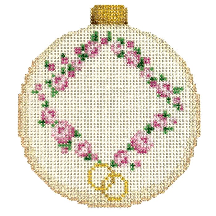 Rosebud Wreath Monogram Ornament Printed Canvas Two Sisters Needlepoint 
