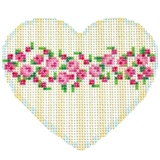 Rosebud/Stripe Medium Heart Printed Canvas Two Sisters Needlepoint 
