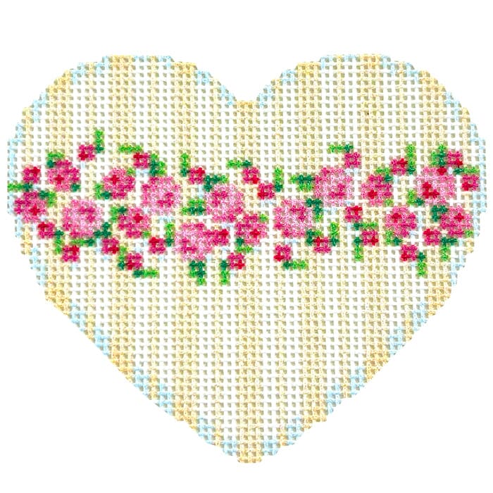 Rosebud/Stripe Medium Heart Printed Canvas Two Sisters Needlepoint 
