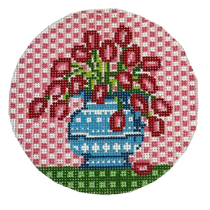 Roses in Blue Vase Ornament Painted Canvas The Plum Stitchery 