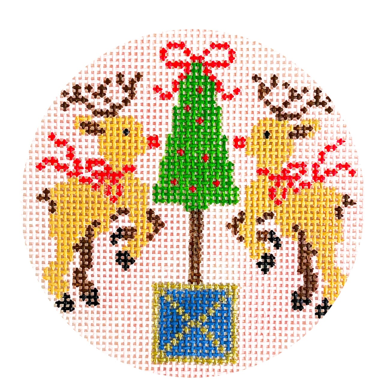Rudolph with Topiary Pink Round Painted Canvas KCN Designers  - 1