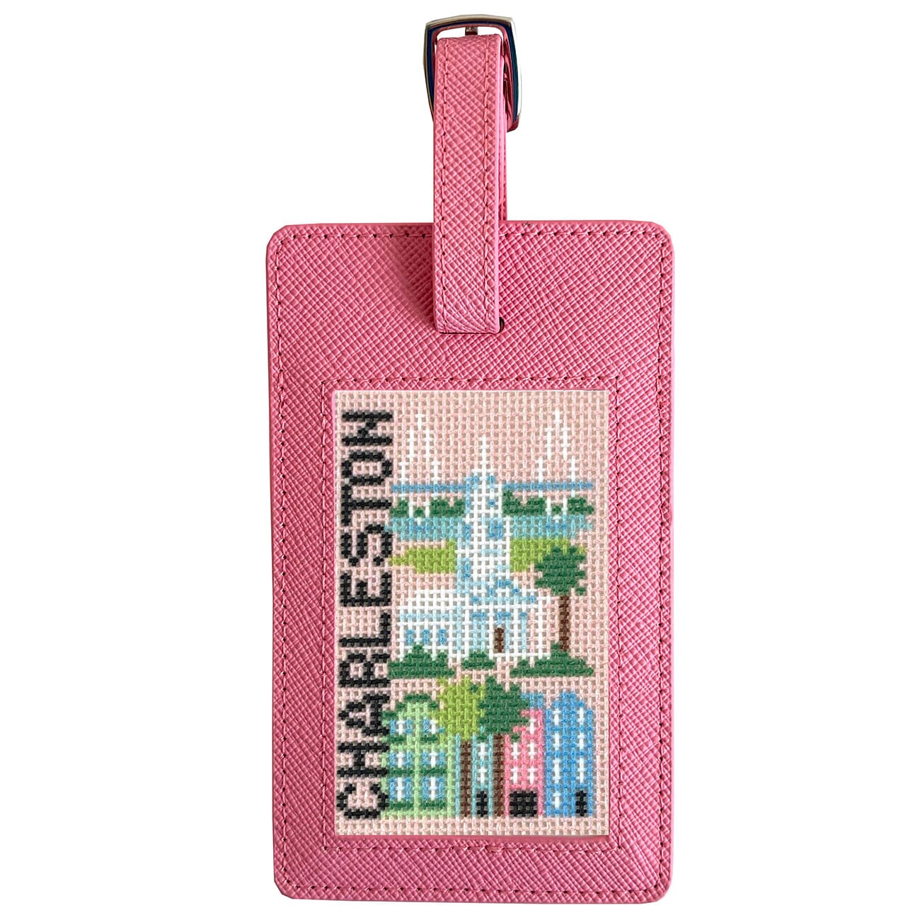 Saffiano Leather Bag Tag   Pink Leather Goods Needlepoint.Com  - 1