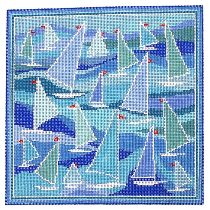 Sailboats Blues Pillow Painted Canvas Doolittle Stitchery  - 1