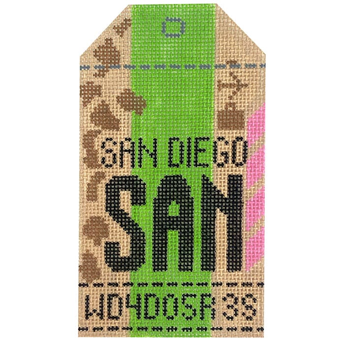 San Diego SAN Retro Travel Tag Painted Canvas Hedgehog Needlepoint 
