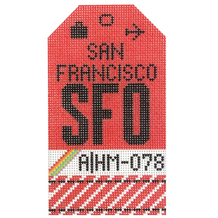 San Francisco SFO Retro Travel Tag Painted Canvas Hedgehog Needlepoint 
