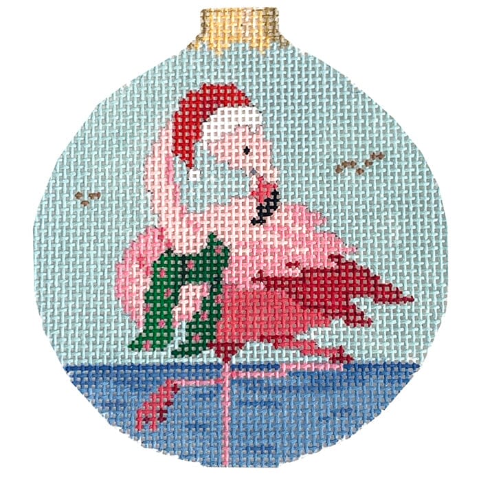 Santa Flamingo, 3" Round #18 Painted Canvas Susan Roberts Needlepoint Designs Inc. 
