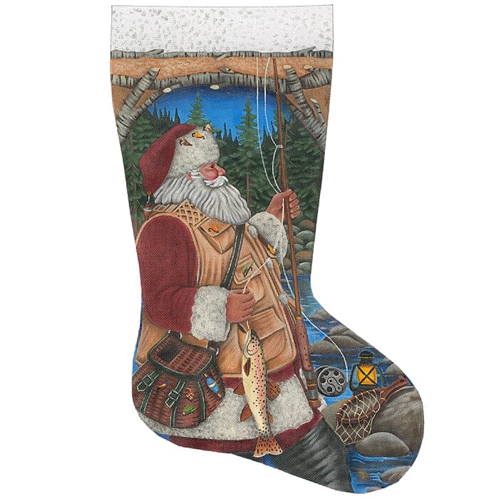 Santa Fly Fishing Stocking Painted Canvas Victoria Whitson Needlepoint  - 1