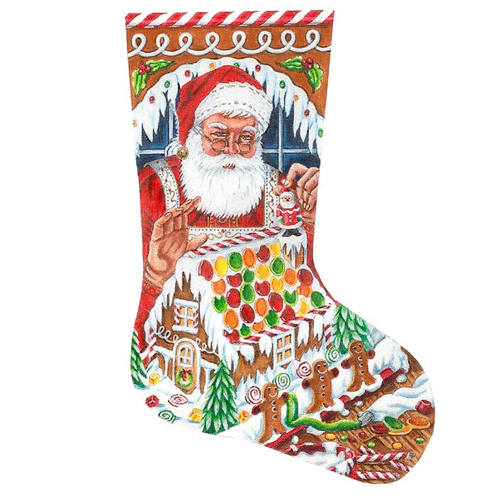 Santa Gingerbread House Stocking Painted Canvas Victoria Whitson Needlepoint  - 1